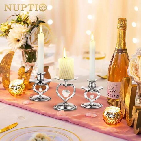 Nuptio Unity حامل شموع للشموع المستدقة عمود حامل شمعدان ذهبي حامل شموع عمود معدني مجموعة من 3 قطع مركزية للطاولة لحفلات الزفاف والذكرى السنوية على ضوء الشموع وديكور العشاء وقلادة على شكل قلب كريستالي in Kuwait