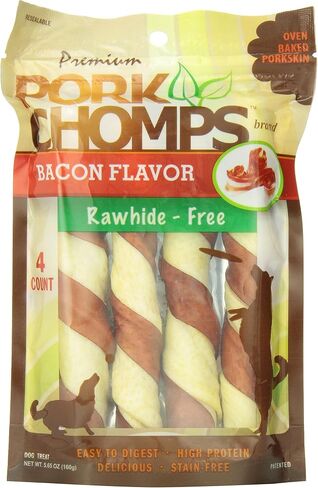 Pork Chomps Baked Pork Skin Dog Chews, 6-inch Twists, Bacon Flavor Wrap, 4 Count in Kuwait