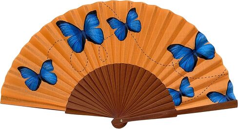 Tusitala Barcelona - Blue Butterflies Hand Fan | Handcrafted Spanish Hand Fan | Cotton Fabric and Wood | Includes Protective Jute Cotton Bag | Authentic Gift | 23cm - 9". in Kuwait