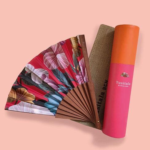 Tusitala Barcelona - Blue Butterflies Hand Fan | Handcrafted Spanish Hand Fan | Cotton Fabric and Wood | Includes Protective Jute Cotton Bag | Authentic Gift | 23cm - 9". in Kuwait