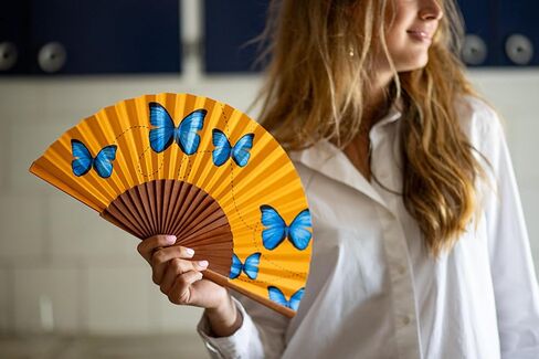 Tusitala Barcelona - Blue Butterflies Hand Fan | Handcrafted Spanish Hand Fan | Cotton Fabric and Wood | Includes Protective Jute Cotton Bag | Authentic Gift | 23cm - 9". in Kuwait