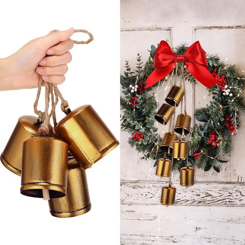 Therwen 2 Set of 8 Giant Harmony Bells Christmas Cow Bells Vintage Handmade Rustic Lucky Christmas Hanging Decor Bells Rustic Style 8 Metal Bells Cluster on Jute Rope in Saudi Arabia