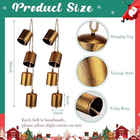 Therwen 2 Set of 8 Giant Harmony Bells Christmas Cow Bells Vintage Handmade Rustic Lucky Christmas Hanging Decor Bells Rustic Style 8 Metal Bells Cluster on Jute Rope in Saudi Arabia