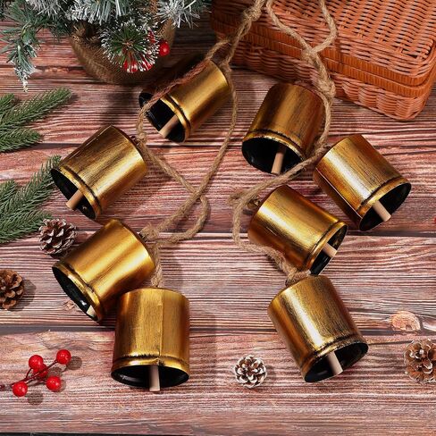 Therwen 2 Set of 8 Giant Harmony Bells Christmas Cow Bells Vintage Handmade Rustic Lucky Christmas Hanging Decor Bells Rustic Style 8 Metal Bells Cluster on Jute Rope in Saudi Arabia