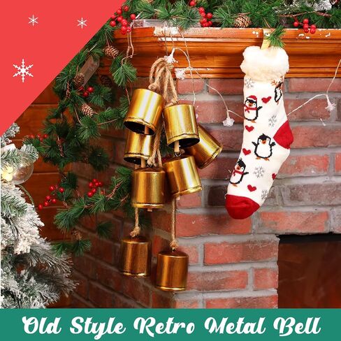 Therwen 2 Set of 8 Giant Harmony Bells Christmas Cow Bells Vintage Handmade Rustic Lucky Christmas Hanging Decor Bells Rustic Style 8 Metal Bells Cluster on Jute Rope in Saudi Arabia