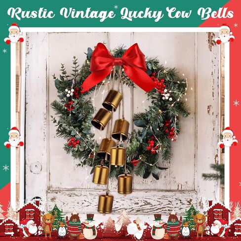 Therwen 2 Set of 8 Giant Harmony Bells Christmas Cow Bells Vintage Handmade Rustic Lucky Christmas Hanging Decor Bells Rustic Style 8 Metal Bells Cluster on Jute Rope in Saudi Arabia