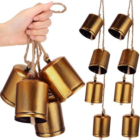 Therwen 2 Set of 8 Giant Harmony Bells Christmas Cow Bells Vintage Handmade Rustic Lucky Christmas Hanging Decor Bells Rustic Style 8 Metal Bells Cluster on Jute Rope in Saudi Arabia