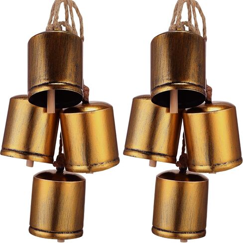 Therwen 2 Set of 8 Giant Harmony Bells Christmas Cow Bells Vintage Handmade Rustic Lucky Christmas Hanging Decor Bells Rustic Style 8 Metal Bells Cluster on Jute Rope in Saudi Arabia