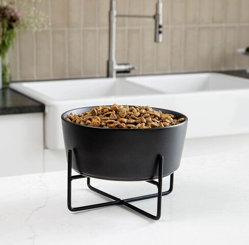 Waggo Simple Solid Dog Bowl and Dog Bowl Stand - Single Iron Stand with Single Ceramic Feeder or Water Bowl, Small or Large Dog Elevated Pet Feeder (Large, Matte Black) in Saudi Arabia