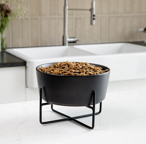 Waggo Simple Solid Dog Bowl and Dog Bowl Stand - Single Iron Stand with Single Ceramic Feeder or Water Bowl, Small or Large Dog Elevated Pet Feeder (Large, Matte Black) in Saudi Arabia