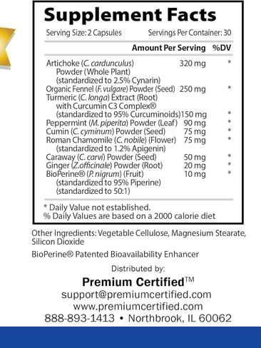 Premium Certified Gas Relief - Soothe Digestive Tract and Bloating - 60 Capsules -  with Artichoke, Ginger, and Fennel, Curcumin C3 Turmeric Complex - Non-GMO, Vegan, Made in USA in Kuwait