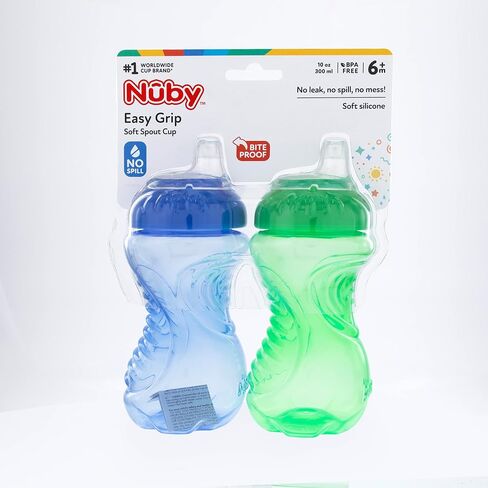 Nuby 2-Pack No-Spill Easy Grip Cup, 10 Ounce, Blue & Green in Saudi Arabia
