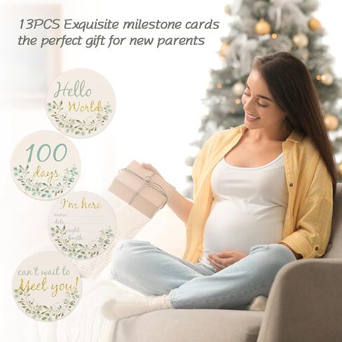 دعونا نصنع بطاقات معالم شهرية من بوهو بيبي مع علامة إعلان الحمل وهدايا استحمام الطفل علامة معالم شهرية محايدة للجنسين لحديثي الولادة لدعائم الصور 13 قطعة من أوراق الأوكالبتوس الخضراء in Kuwait