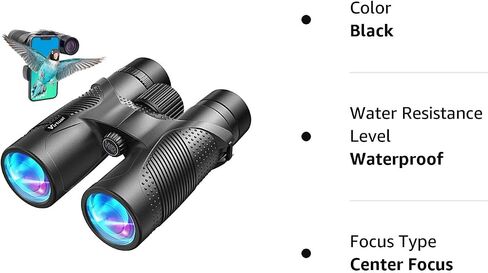 Virtual 12x42 HD Binoculars for Adults, High Power Binoculars with BaK4 prisms, IPX7 Waterproof Binoculars with Phone Adapter Easy Focus Binoculars for Bird Watching, Hunting,Theater, and Sport Games in Kuwait