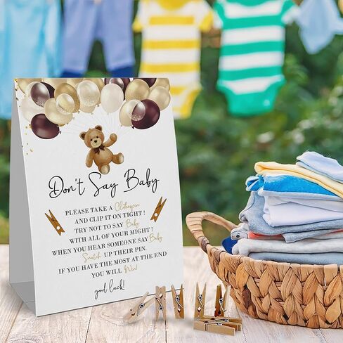 لافتة لعبة Don't Say Baby clothespin (علامة واحدة + 50 دبوس ملابس صغير)، لعبة استحمام الطفل بالون الدب، ديكور لعبة حمام الطفل، حمام طفل محايد للجنسين in Kuwait