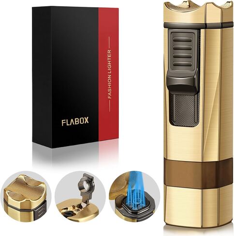 Four Jet Flame Torch Lighter with Punch and Holder, Windproof Torch Lighter Mutifuctional Refillable Butane Lighter, Delicate Box Gift for Men Husband on Birthday Black, Without Butane in Saudi Arabia
