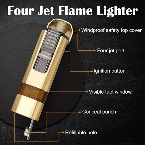 Four Jet Flame Torch Lighter with Punch and Holder, Windproof Torch Lighter Mutifuctional Refillable Butane Lighter, Delicate Box Gift for Men Husband on Birthday Black, Without Butane in Saudi Arabia