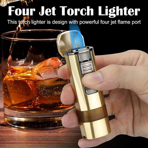Four Jet Flame Torch Lighter with Punch and Holder, Windproof Torch Lighter Mutifuctional Refillable Butane Lighter, Delicate Box Gift for Men Husband on Birthday Black, Without Butane in Saudi Arabia