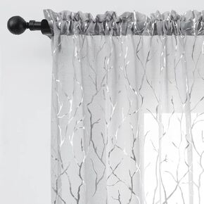 FINECITY Grey Sheer Curtains 45 Inch Length - Metallic Gold Foil Tree Branch Gray Kitchen Window Curtains 2 Panels, 52 x 45 Inch, Gray Gold in Kuwait