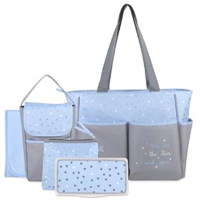 Baby Essentials Diaper Bag Tote 5 Piece Set with Sun, Moon, and Stars, Wipes Pocket, Dirty Diaper Pouch, Changing Pad (Grey/Aqua) in Saudi Arabia