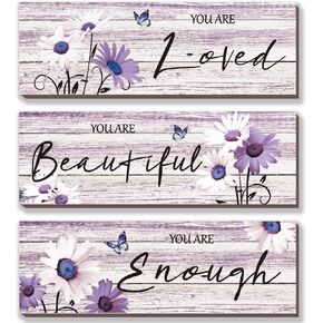 ONIZHITY 3 Pcs Purple Bathroom Decor Purple Floral Wooden Wall Decor Positive Quotes You Are Beautiful Wall Art Inspirational Girls Bedroom Decor for Teacher Women Living Room(purple, 10x4 Inch) in Kuwait