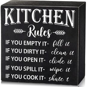 PZJIEAN 6"x6" Kitchen Rules Black Wooden Square Box Sign Plaque, Wood Box Sign Rustic Art Home Shelf Desk Kitchen Cooking Table Decor, Gift for Mom Dad Cooking Enthusiasts in Kuwait