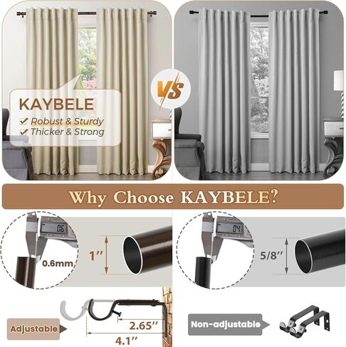 قضبان ستائر KAYBELE للنوافذ من 48 إلى 84 بوصة (4-7 أقدام)، وقضيب ستارة مفرد أسود مقاس 1 بوصة، وقضيب ستائر قابل للتعديل مع أطراف غطاء، هدايا للأم والأب، 32-86 بوصة in Kuwait
