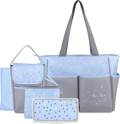 Baby Essentials Diaper Bag Tote 5 Piece Set with Sun, Moon, and Stars, Wipes Pocket, Dirty Diaper Pouch, Changing Pad (Grey/Aqua) in Saudi Arabia