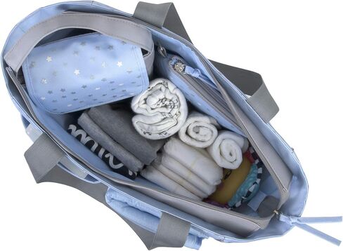 Baby Essentials Diaper Bag Tote 5 Piece Set with Sun, Moon, and Stars, Wipes Pocket, Dirty Diaper Pouch, Changing Pad (Grey/Aqua) in Saudi Arabia