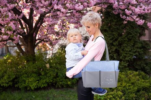 Baby Essentials Diaper Bag Tote 5 Piece Set with Sun, Moon, and Stars, Wipes Pocket, Dirty Diaper Pouch, Changing Pad (Grey/Aqua) in Saudi Arabia