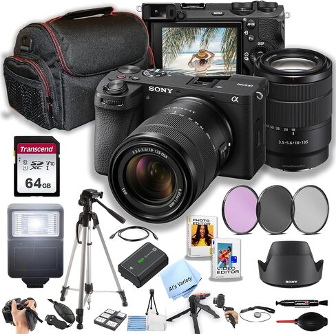 كاميرا Sony a6700 بدون مرآة مع عدسة 18-135 مم + ذاكرة 64 جيجابايت، فلاتر، حقيبة، حامل ثلاثي القوائم، فلاش، والمزيد (حزمة 34 قطعة) (متجددة) in Saudi Arabia