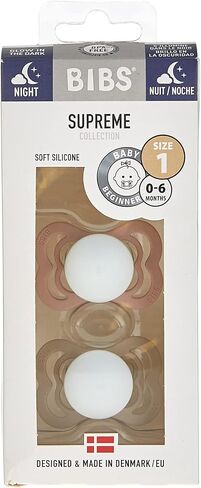 BIBS Supreme Baby Pacifier 2-Pack | Made in Denmark | BPA Free Dummy Soother, Symmetrical Nipple. Silicone, Size 1 (0-6 Months), Blush Glow/Vanilla Glow in Saudi Arabia