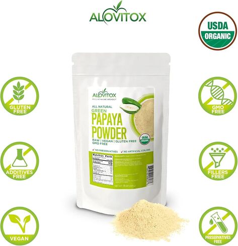 مسحوق فاكهة البابايا الخضراء العضوية من الوفيتوكس، 8 اونصة يعزز صحة البشرة ويحسن الجهاز الهضمي، خالي من الغلوتين ومعتمد وغير معدل وراثيا وصديق للنباتيين in Kuwait