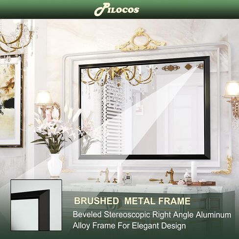 PILOCOS 36 × 30 بوصة مرآة حمام مؤطرة باللون الأسود للجدار، مرآة حمام مستطيلة الغرور مرآة حائط سوداء غير لامعة مع إطار زاوية يمين مشطوف، مرآة المزرعة الحديثة (أفقي / عمودي) in Kuwait