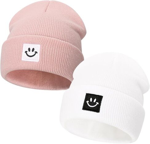 DANMY Baby Beanie Hat, Newborn Toddler Winter Warm Knit Hat with Smile face, Kids Soft Beanie Cap in Kuwait