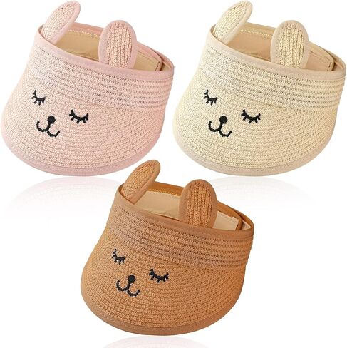 3 Pcs Baby Straw Visor Hat Kids Summer Empty Top Smile Sun Hat Wide and Big Brim Cute Ears Toddler Beach Hat for 1-4 Years, Beige, Coffee, Pink in Saudi Arabia