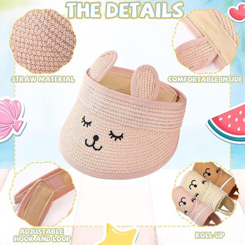 3 Pcs Baby Straw Visor Hat Kids Summer Empty Top Smile Sun Hat Wide and Big Brim Cute Ears Toddler Beach Hat for 1-4 Years, Beige, Coffee, Pink in Saudi Arabia
