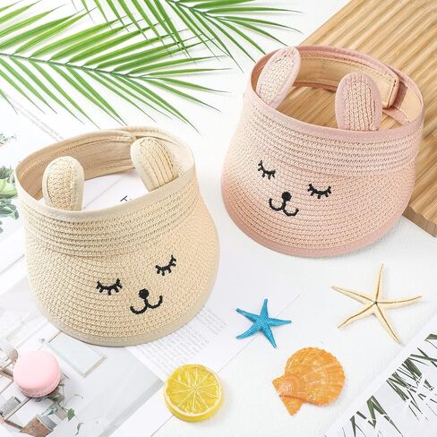 3 Pcs Baby Straw Visor Hat Kids Summer Empty Top Smile Sun Hat Wide and Big Brim Cute Ears Toddler Beach Hat for 1-4 Years, Beige, Coffee, Pink in Saudi Arabia