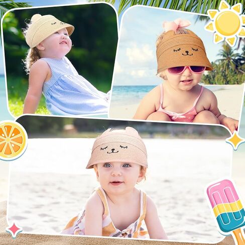3 Pcs Baby Straw Visor Hat Kids Summer Empty Top Smile Sun Hat Wide and Big Brim Cute Ears Toddler Beach Hat for 1-4 Years, Beige, Coffee, Pink in Saudi Arabia