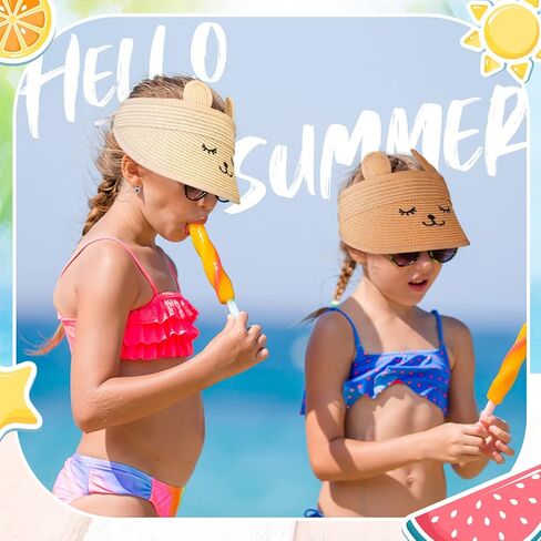 3 Pcs Baby Straw Visor Hat Kids Summer Empty Top Smile Sun Hat Wide and Big Brim Cute Ears Toddler Beach Hat for 1-4 Years, Beige, Coffee, Pink in Saudi Arabia