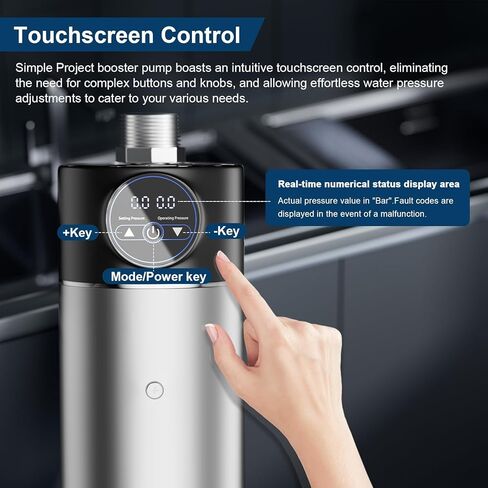 سيمبل بروجيكت مضخة تعزيز ضغط المياه للمنزل بالكامل 600 واط، مضخة تعزيز ضغط المياه بتصميم انبوبي للمنزل، هادئة ومستقرة، تحكم بشاشة تعمل باللمس، غرفة الاستحمام المضغوطة، الحمام، المطبخ in Kuwait