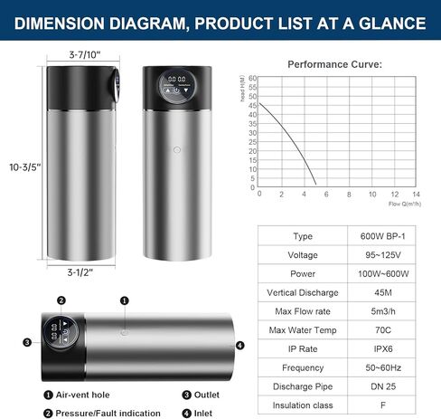 سيمبل بروجيكت مضخة تعزيز ضغط المياه للمنزل بالكامل 600 واط، مضخة تعزيز ضغط المياه بتصميم انبوبي للمنزل، هادئة ومستقرة، تحكم بشاشة تعمل باللمس، غرفة الاستحمام المضغوطة، الحمام، المطبخ in Kuwait