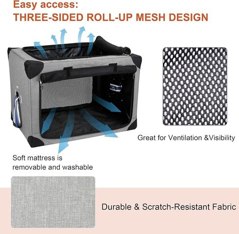 صناديق الكلاب الناعمة القابلة للطي من FLARUZIY - قفص سفر محمول للكلاب مقاس 26 بوصة للكلاب الصغيرة والقطط في الداخل والخارج، قفص للكلاب قابل للطي بثلاثة أبواب منبثق مع نوافذ شبكية متينة (رمادي) in Kuwait