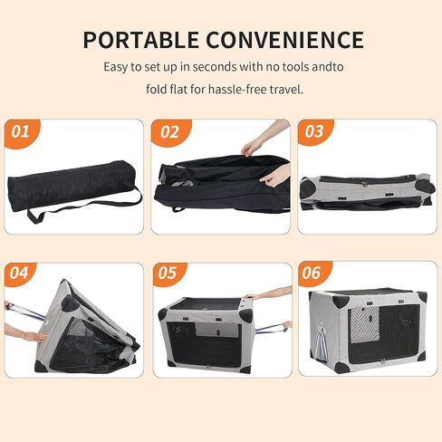 صناديق الكلاب الناعمة القابلة للطي من FLARUZIY - قفص سفر محمول للكلاب مقاس 26 بوصة للكلاب الصغيرة والقطط في الداخل والخارج، قفص للكلاب قابل للطي بثلاثة أبواب منبثق مع نوافذ شبكية متينة (رمادي) in Kuwait