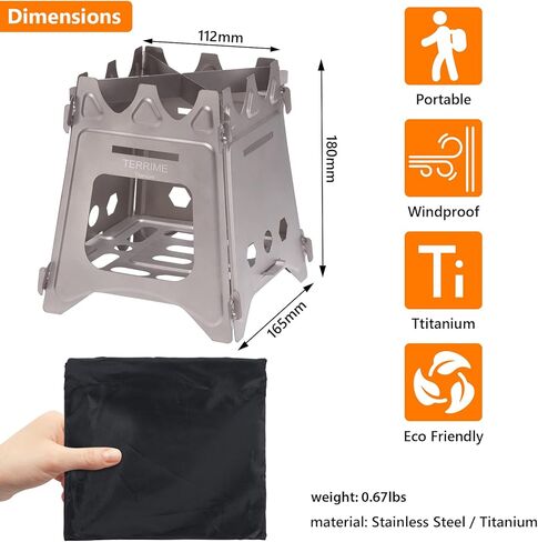 موقد تخييم محمول قابل للطي من Terrime، موقد تيتانيوم خفيف الوزن وقابل للطي، موقد مسطح متين ومضغوط للحياة في الهواء الطلق وحقيبة الظهر والمشي لمسافات طويلة والسفر والشواء والطبخ وحرق الخشب (صغير) in Kuwait