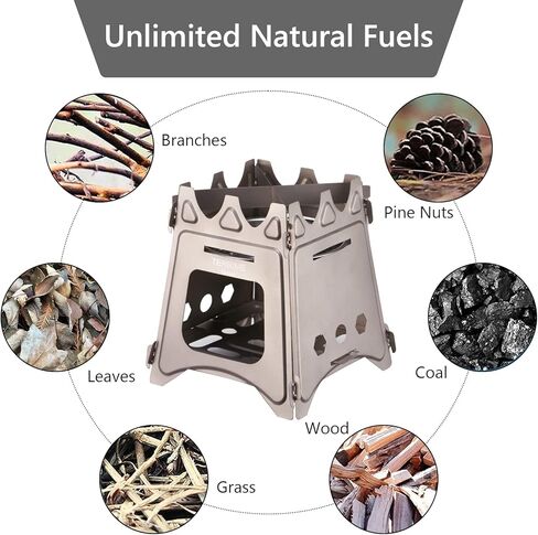 موقد تخييم محمول قابل للطي من Terrime، موقد تيتانيوم خفيف الوزن وقابل للطي، موقد مسطح متين ومضغوط للحياة في الهواء الطلق وحقيبة الظهر والمشي لمسافات طويلة والسفر والشواء والطبخ وحرق الخشب (صغير) in Kuwait