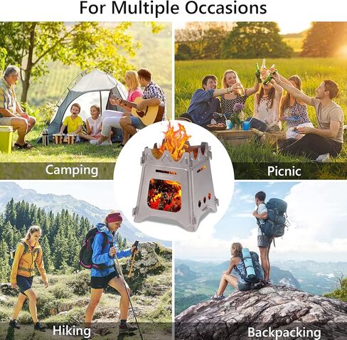 موقد تخييم محمول قابل للطي من Terrime، موقد تيتانيوم خفيف الوزن وقابل للطي، موقد مسطح متين ومضغوط للحياة في الهواء الطلق وحقيبة الظهر والمشي لمسافات طويلة والسفر والشواء والطبخ وحرق الخشب (صغير) in Kuwait