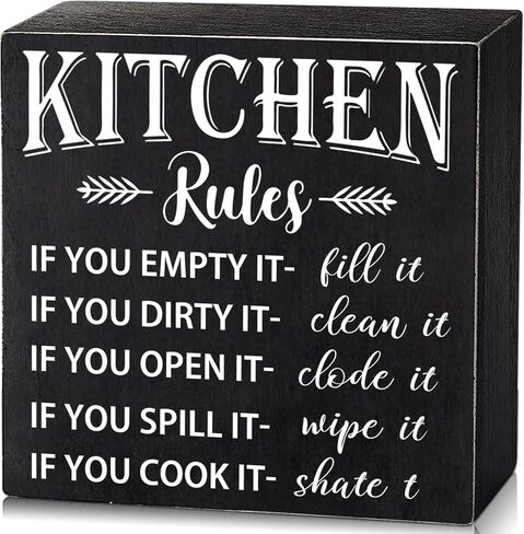 PZJIEAN 6"x6" Kitchen Rules Black Wooden Square Box Sign Plaque, Wood Box Sign Rustic Art Home Shelf Desk Kitchen Cooking Table Decor, Gift for Mom Dad Cooking Enthusiasts in Kuwait