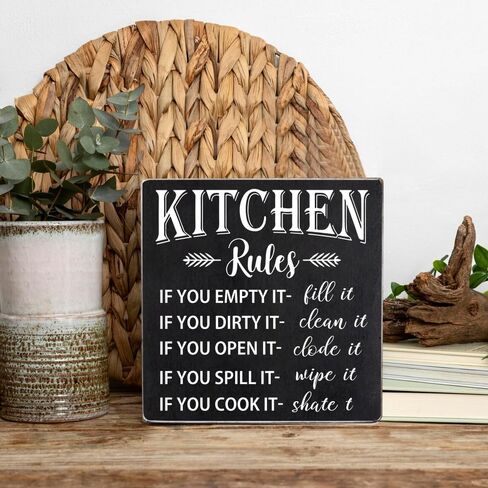 PZJIEAN 6"x6" Kitchen Rules Black Wooden Square Box Sign Plaque, Wood Box Sign Rustic Art Home Shelf Desk Kitchen Cooking Table Decor, Gift for Mom Dad Cooking Enthusiasts in Kuwait