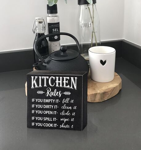 PZJIEAN 6"x6" Kitchen Rules Black Wooden Square Box Sign Plaque, Wood Box Sign Rustic Art Home Shelf Desk Kitchen Cooking Table Decor, Gift for Mom Dad Cooking Enthusiasts in Kuwait